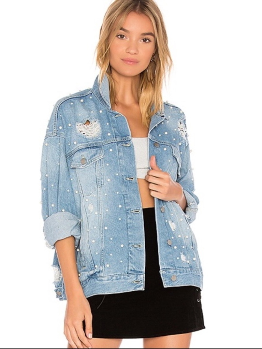 Free People Sunday Funday Pearl Jean Oversized Denim Distressed Jacket
